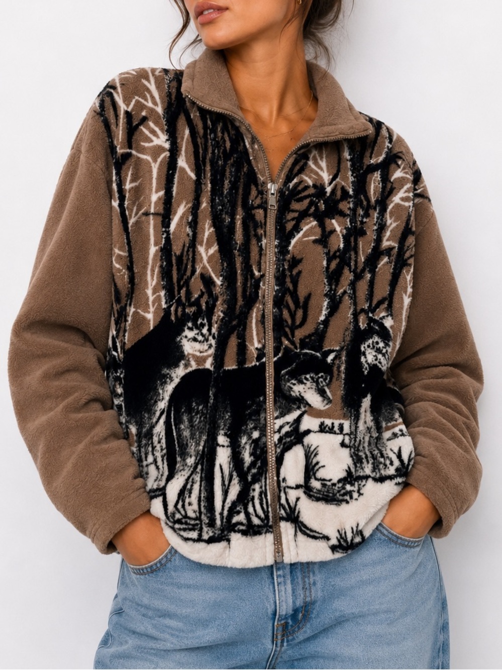Vintage Fleece Jacket Sweater Neutral Brown Wolf Brown Cozy Zip Up Cottagecore